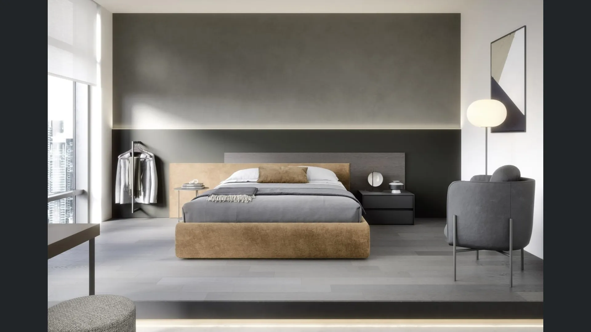 Letto con contenitore Testiera Time in tessuto imbottito e legno di Novamobili